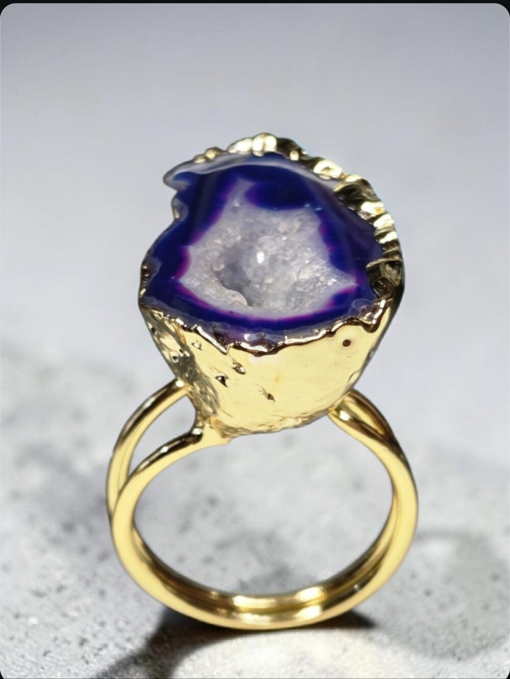 18k Gold Plated Artisan Genuine Deep Purple Agate Sugar Geode Druzy Ring - Picture 5 of 7